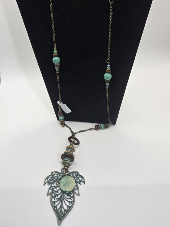 Handmade Jewelry - Large Leaf Necklace Shades Of Green Glass & Wood Beads Long Artisan Made